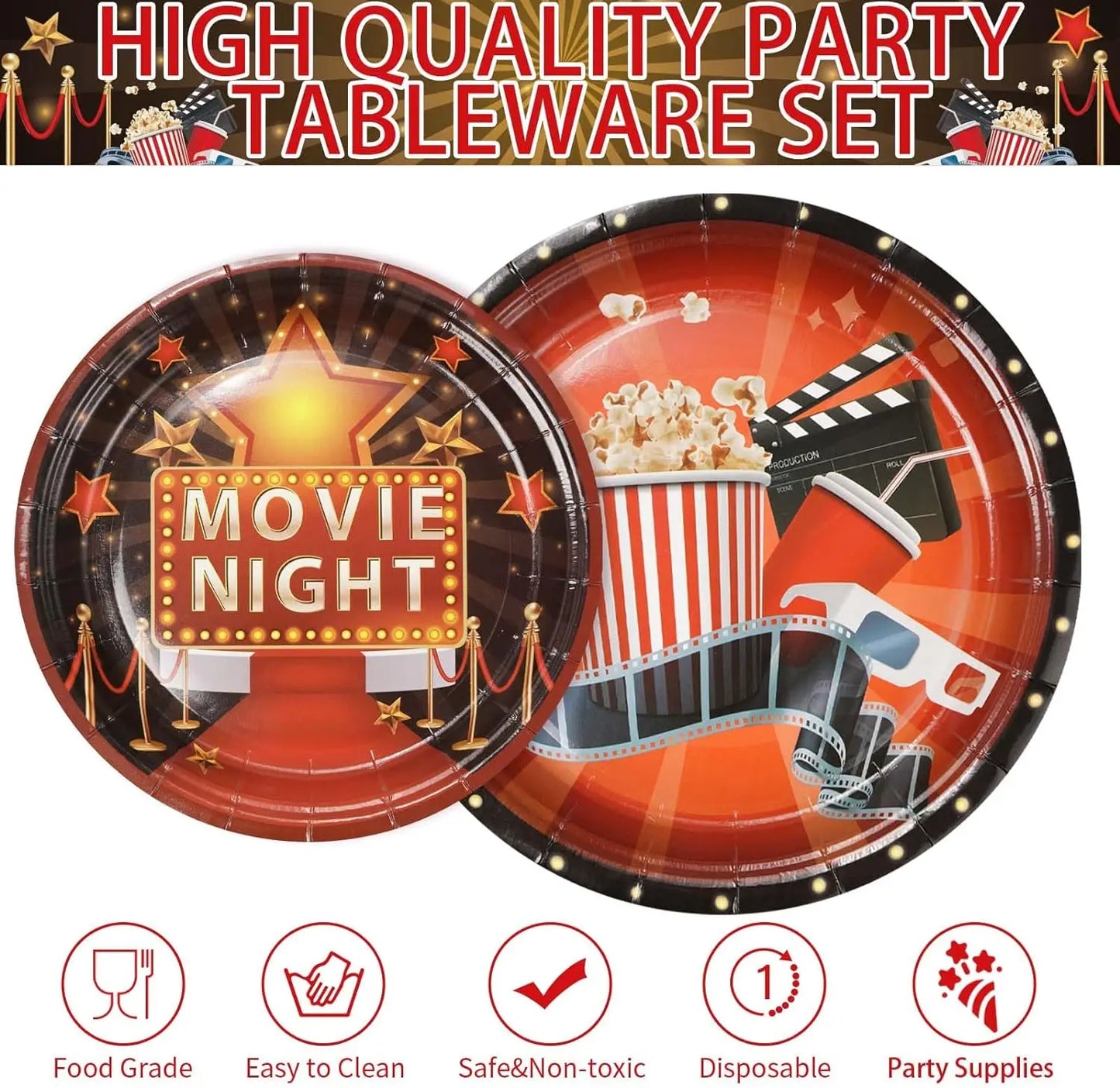 96 Movie Night Party Supplies Hollywood Movie Night Theater Party Paper Plates and Napkin Kits