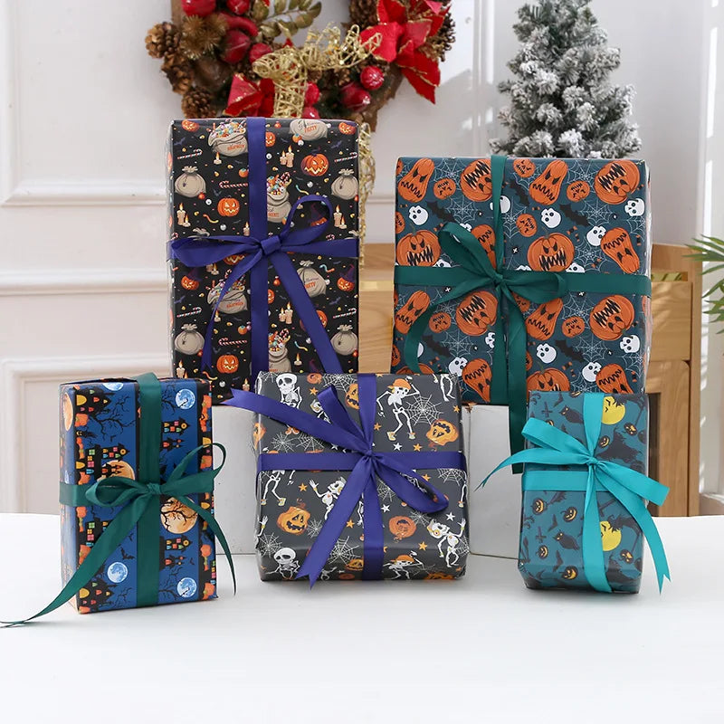 Halloween & Day of the Dead, Wrapping Paper - Cartoon Pumpkin Ghost Bat Pattern, Gift Box Packaging with Coated Art Paper Trick or Treat Party Decoration