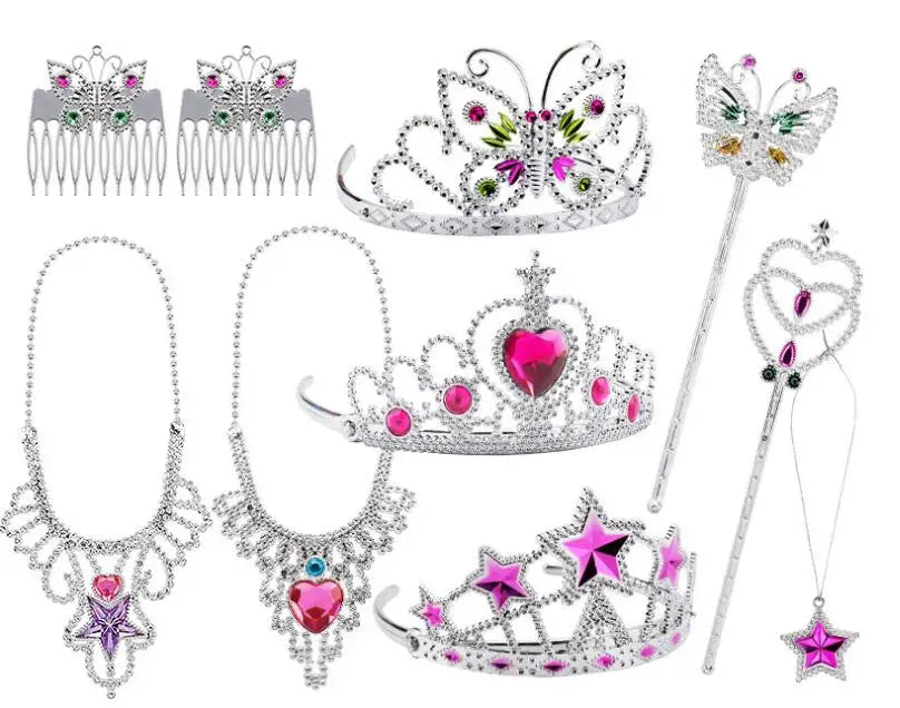 Birthday Party 2 Princess Accessories Toys Pretend Game Set Crown Wand Necklace Bracelet Ring Earrings Princess Dress Up Birthday Party Supplies