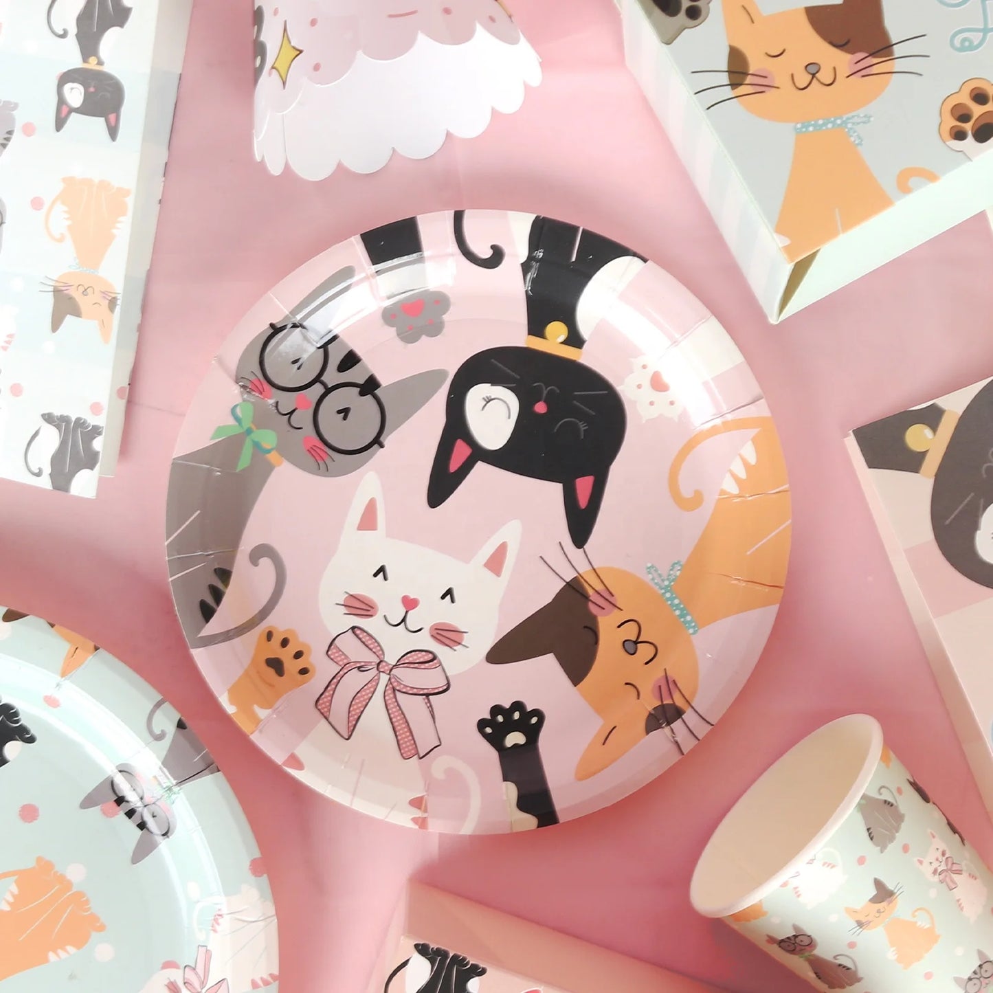 Festa de aniversário 2 patas gato menina crianças tema talheres descartáveis ​​festa favorito conjunto almoço toalha gato aniversário ornamento 