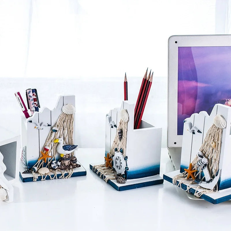 Mediterranean wooden boat sailing pen holder organizer nautical decoration gift