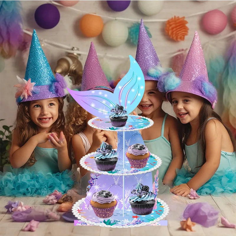 Birthday Party 2Mermaid Themed Layer Cartoon Cake Stand Birthday Party Supplies Disposable Three Layer Cake Stand