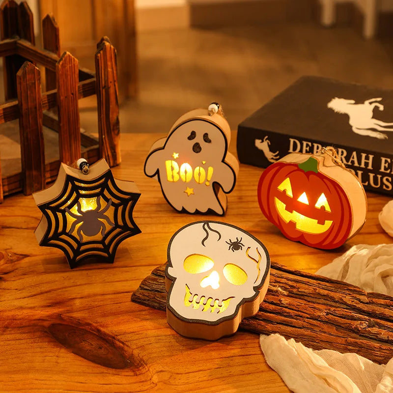 Halloween & Day of the Dead Decorative Pumpkin Lantern Wooden Skeleton Spider Ghost Lantern Halloween Scene Pendant Night Light