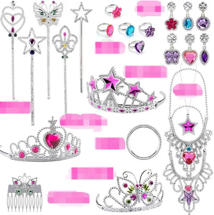 Birthday Party 2 Princess Accessories Toys Pretend Game Set Crown Wand Necklace Bracelet Ring Earrings Princess Dress Up Birthday Party Supplies