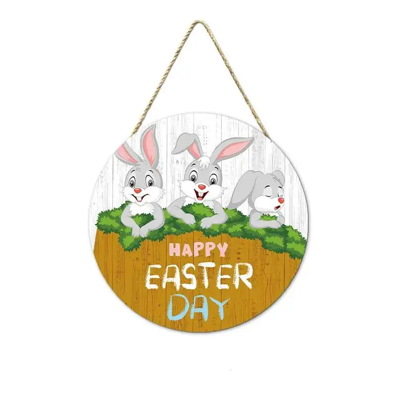 Easter and Thanksgiving 3 New Easter Round Booney Door Pendant Decoration Round Wooden Rabbit Egg Painting Home Crafts Hanging Signs Wall Decoration