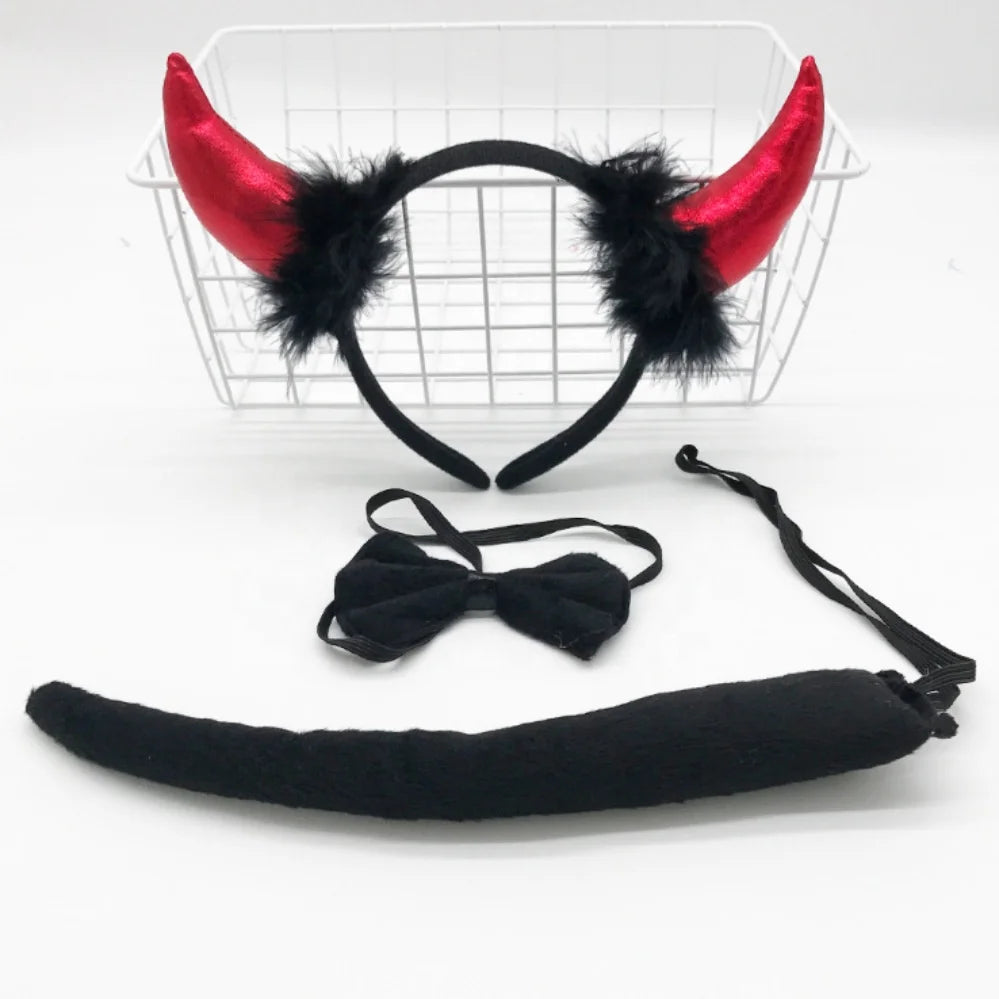 Easter and Thanksgiving 3 Devil Horn Headband Red Devil Tail Bow Tie Red Pitchfork Devil Cosplay Headband Accessories Halloween Devil Costume Set