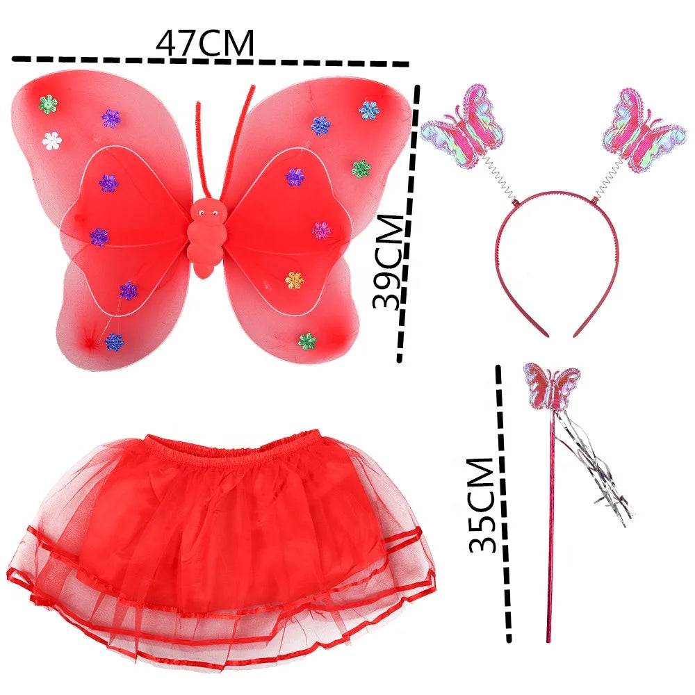 Birthday Kids Fairy Girls Sequin LED butterfly Wing Wand Belly Dress 4pcs/set  Party Supplies fairy Cosplay Suit