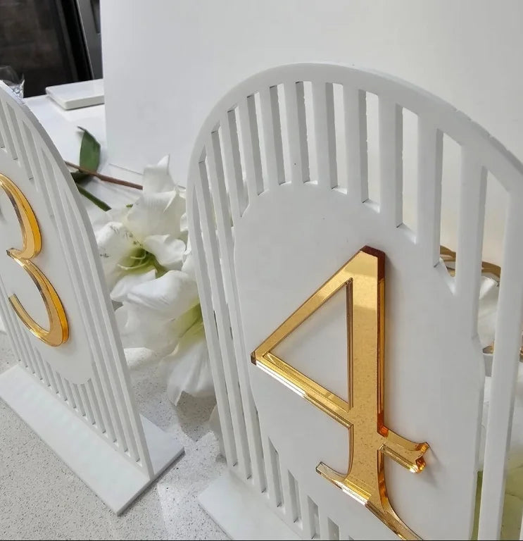 1 Wedding party, unique modern table number Event table number Matt white and gold table number
