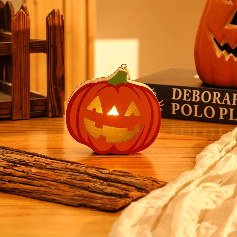 Halloween & Day of the Dead Decorative Pumpkin Lantern Wooden Skeleton Spider Ghost Lantern Halloween Scene Pendant Night Light