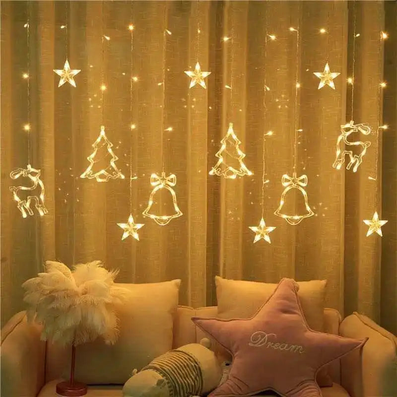 Light Emitting Diode Deer Bell Christmas Tree Curtain String Light Christmas Ornament Home Decoration Christmas Party Curtain String Light 