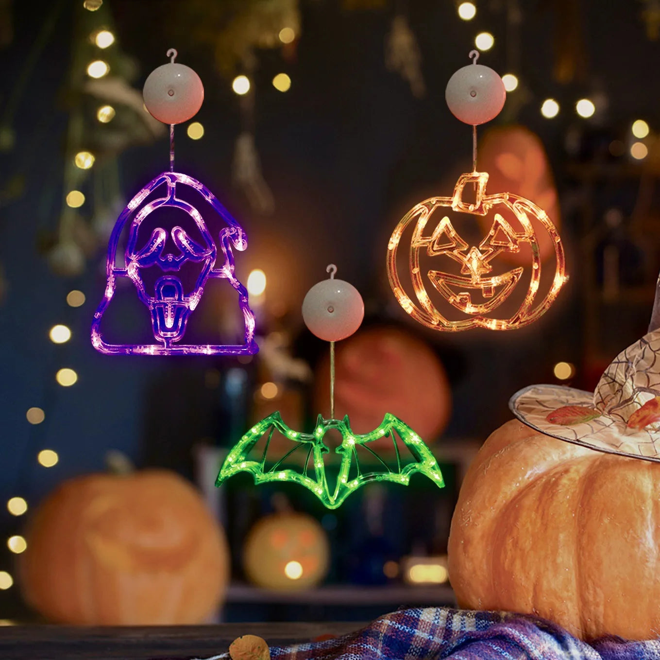 Halloween & Day of the Dead Decorations Pumpkin Ghost Witch Spider Battery Powered Hanging Light Emitting Diode Light