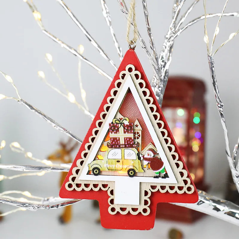Christmas Tree Light Emitting Diode Light Nutcracker Soldier Hanging Ornament DIY Star/Car Wooden Decoration New Year Christmas Tree Home Decoration