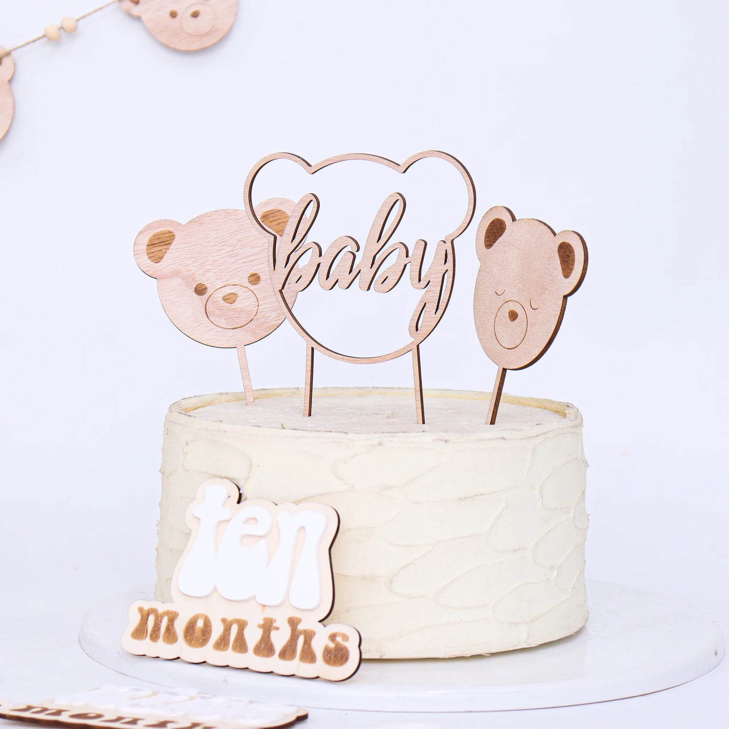 Birthday Party Custom Plywood Cake Decoration Baby Shower 7 Piece Set Bear Theme Party Decoration Natural Materials Inkless Birthday Cupcake Top Hat
