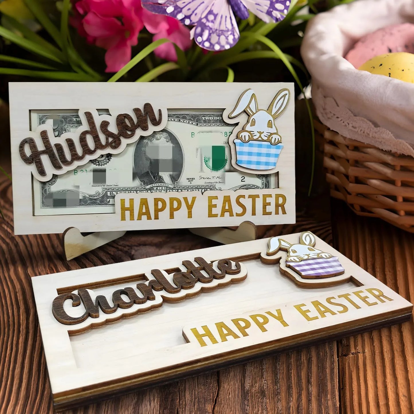 Easter and Thanksgiving 3 Personalized Wooden Money Rabbit Holder Easter Basket Stuffed Gift Teen Rabbit Basket Easter Name Tag Easter Wallet