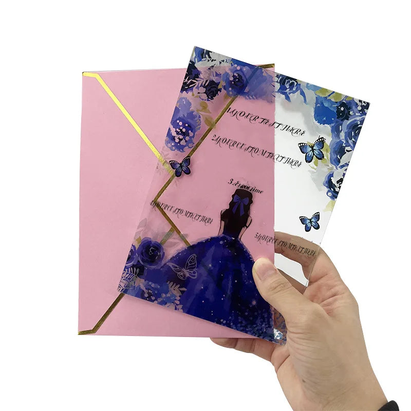 1 Wedding Party 17 * 12 * 0.2 cm Personalized Hot Pick Beautiful Gold Stamped Envlope UV Printing Transparent Acrylic Weeding Invitation Card