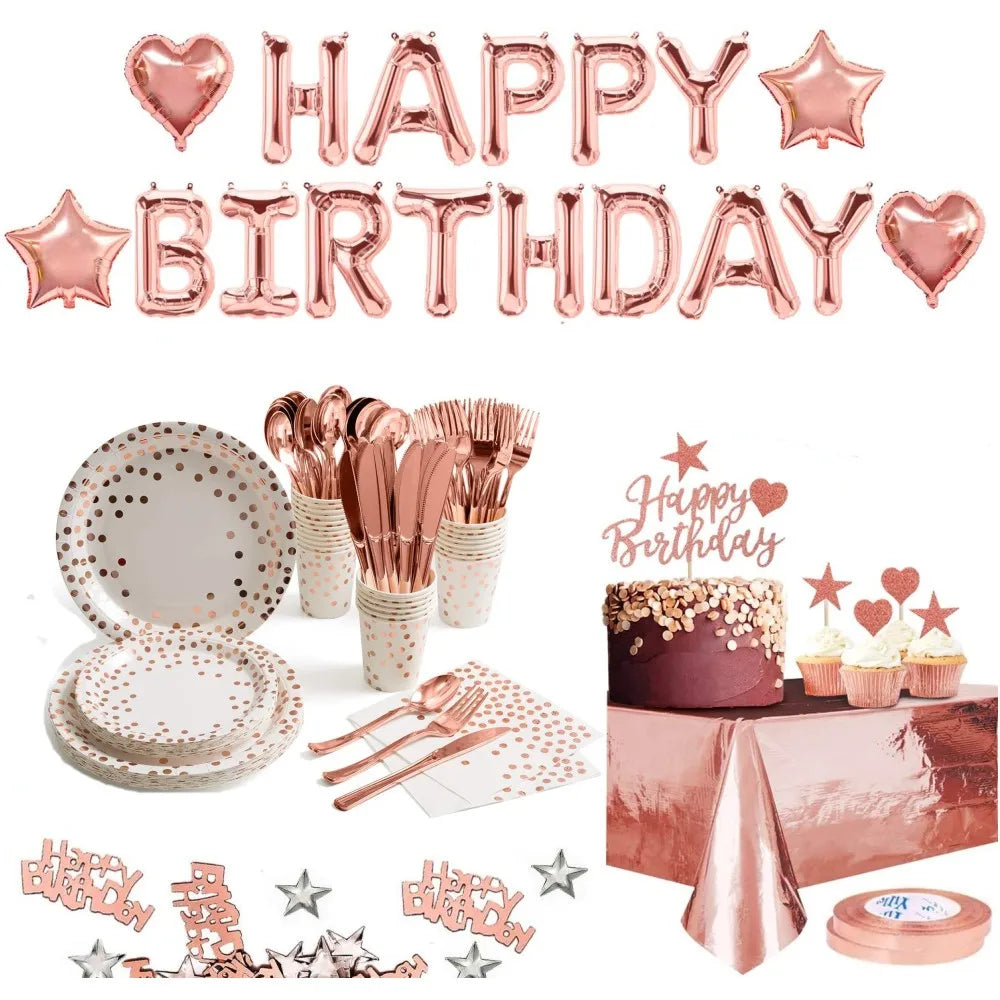 1 Wedding Party, Rose Happy Birthday Aluminum Foil Balloon Wedding Birthday Baby Shower Graduation Rose Gold Birthday Party Decoration Set