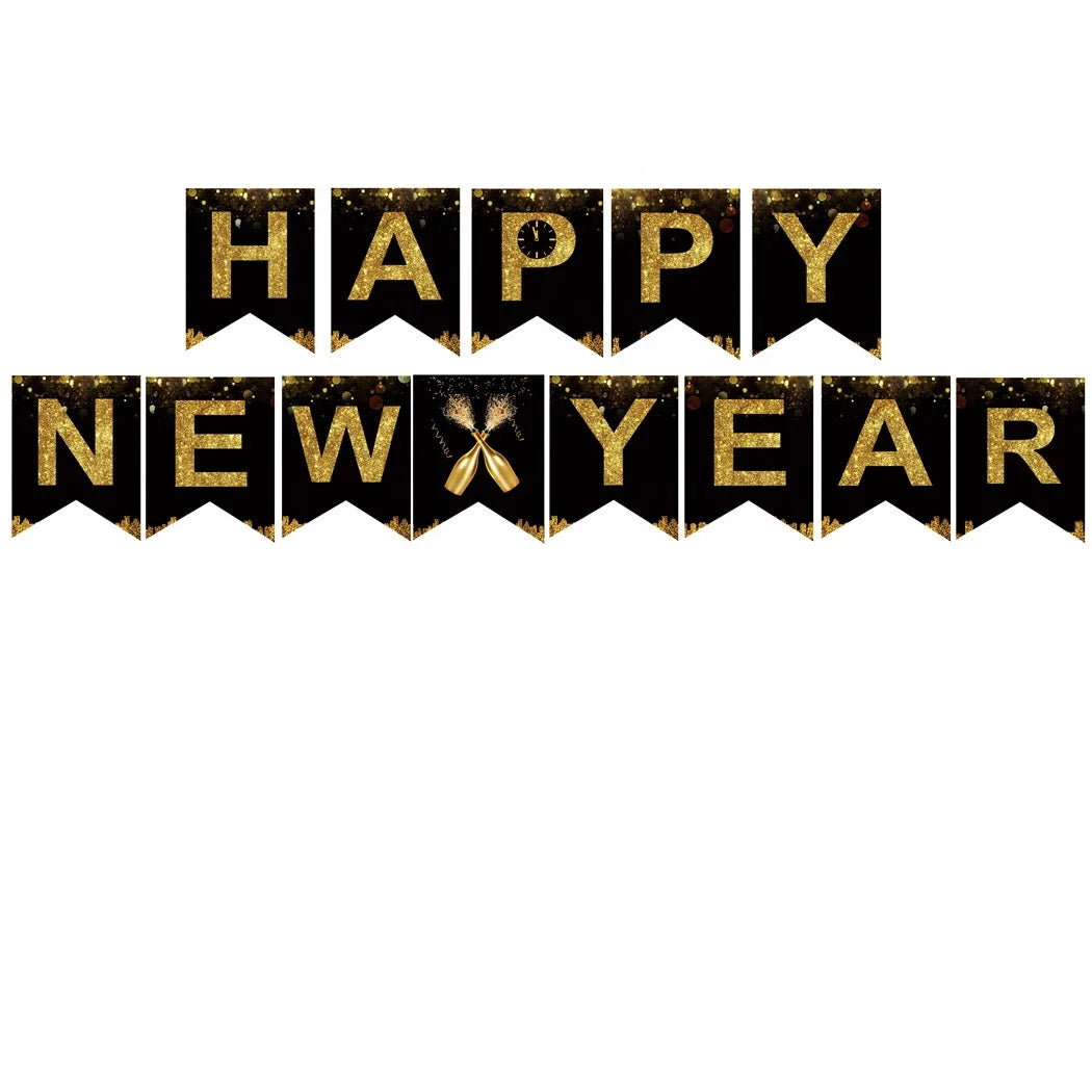 New Year's Eve, Black Gold Happy New Year Ornament Set New Year's Eve Party Decoration, Shipping will automatically adjust the latest number of years