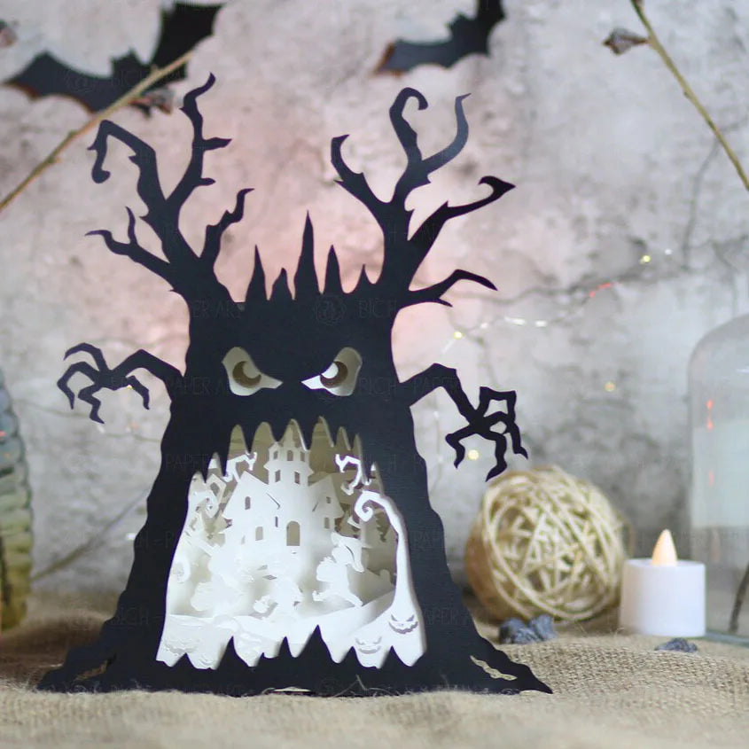 Halloween & Death Day Custom Party Novelty 3D Paper Carving Shadow Light Shaped Ghost Tree Halloween Party Table Decoration