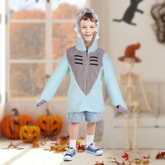 Fantasia de Halloween e Dia dos Mortos, Fantasia de Tubarão para Crianças, Top de Flanela para Bebê, Meias para Bebê, Fantasia de Barbatana Dorsal de Tubarão, Luvas 