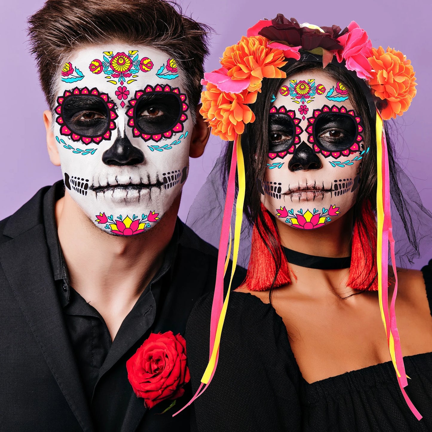 Halloween & Death Day Sugar Skull Neon Face Tattoo Women's Day Dead Flower Headband Halloween Costume Set