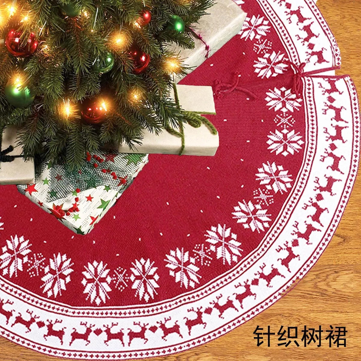 2022 New Christmas Tree Skirt Knitted Tree Skirt Apron Knitted Snow Deer Christmas Ornament Christmas Tree Skirt