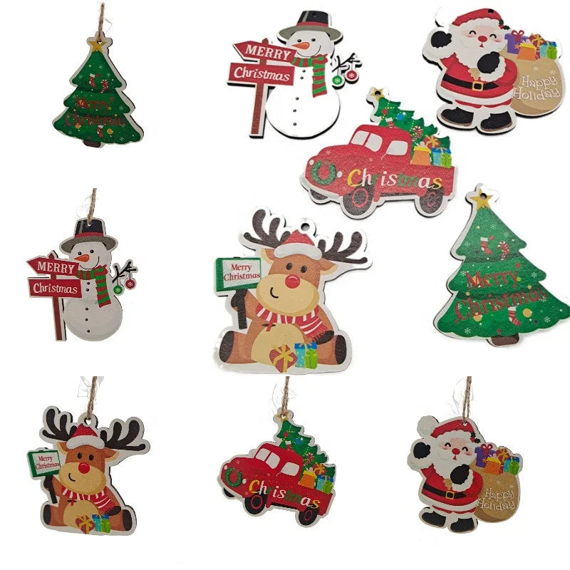10Pcs Christmas Tree Ornament Wooden Christmas Pendant Ornament Santa Claus Snowman Elk Christmas Wooden Pendant Ornament
