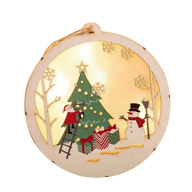 Christmas Decoration Round Lighting Old Man Snowman Elk Light Emitting Diode Wooden Christmas Tree Pendant