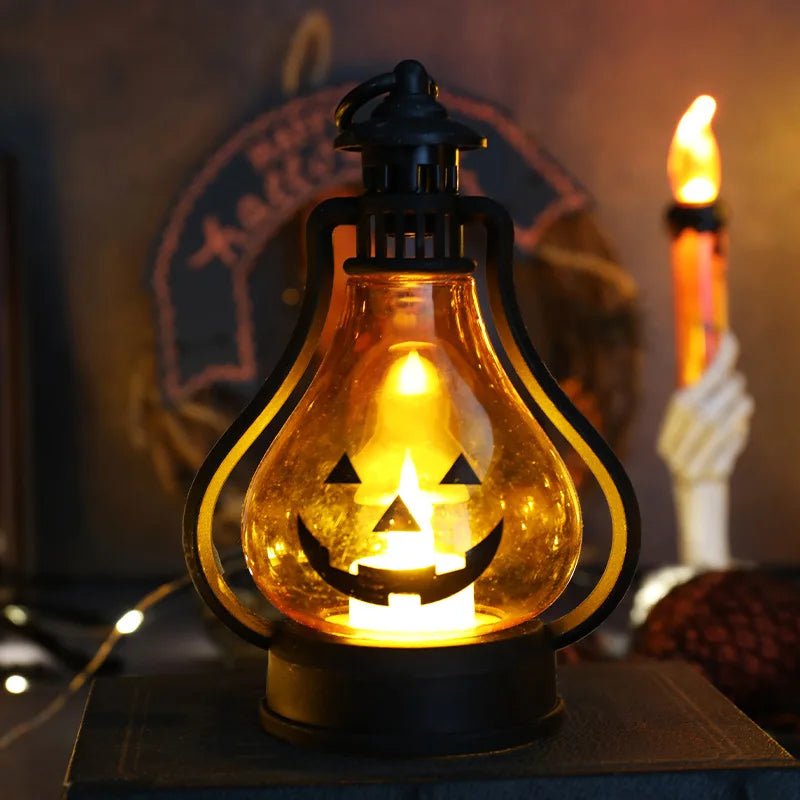 Adereços decorativos para Halloween e Dia dos Mortos, lanterna Jack-o' - Lanterna com luz de vela, festival fantasma, lanterna portátil, luz de mesa para Halloween, diodo emissor de luz 