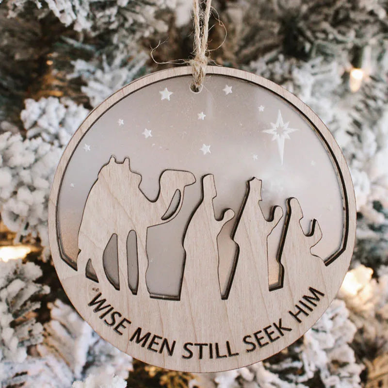 Wooden silent night Christmas tree decoration handmade 2 layer wise man Christmas scene Christmas pendant