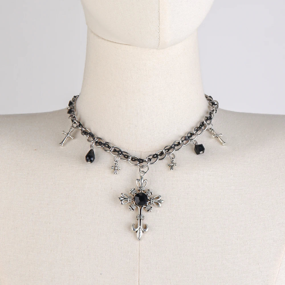 Halloween & Day of the Dead Gothic Cross Necklace Silver Pendant with Black or Red Glass Stone
