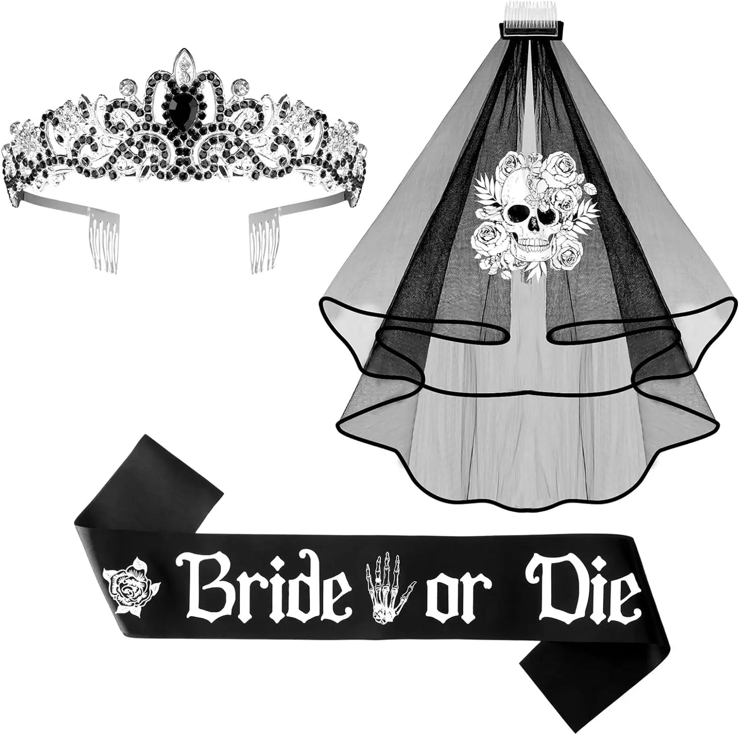 Bachelorette Party 1 Pafu 3pcs Black Bridal or Death Veil Belt Bachelorette Party Ornaments Gothic Rose Headband Bridal Shower Crystal Crown