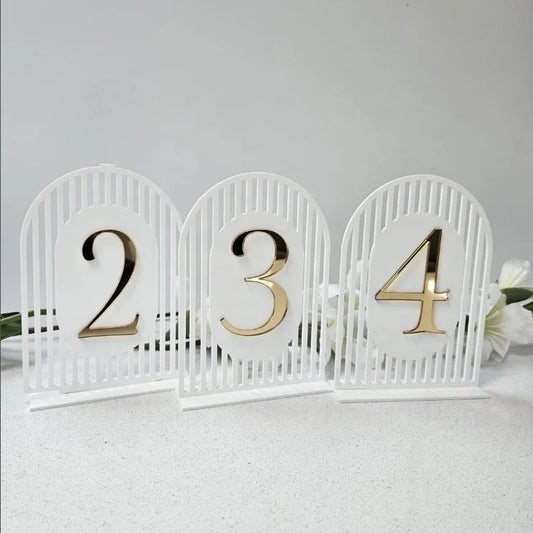 1 Wedding party, unique modern table number Event table number Matt white and gold table number