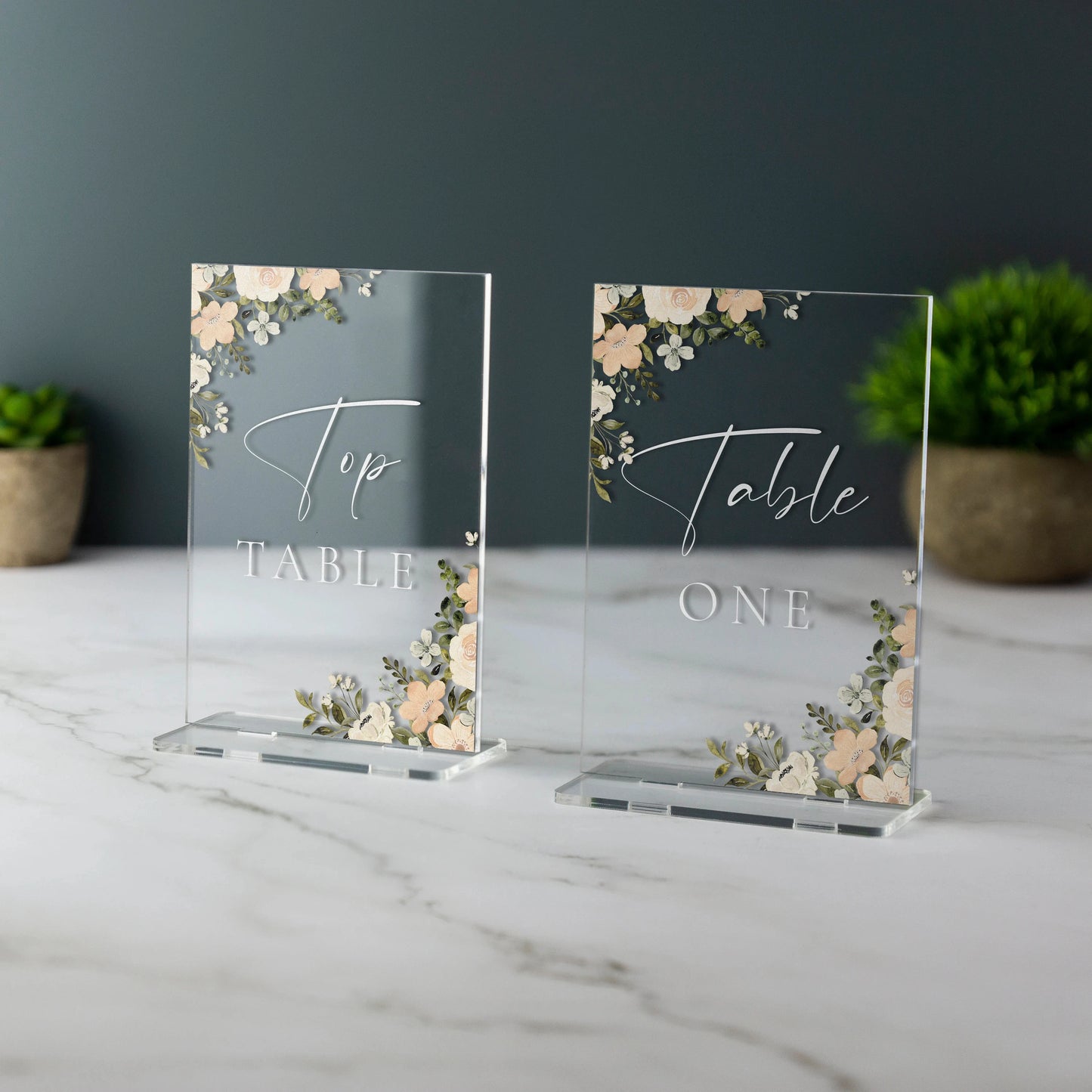 1 Wedding party, personalized name plaque, transparent acrylic wedding table number, custom peach blossom wedding table number 