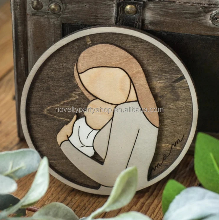 Novelty custom wood laser cutting engraving round gift mom 3D line art