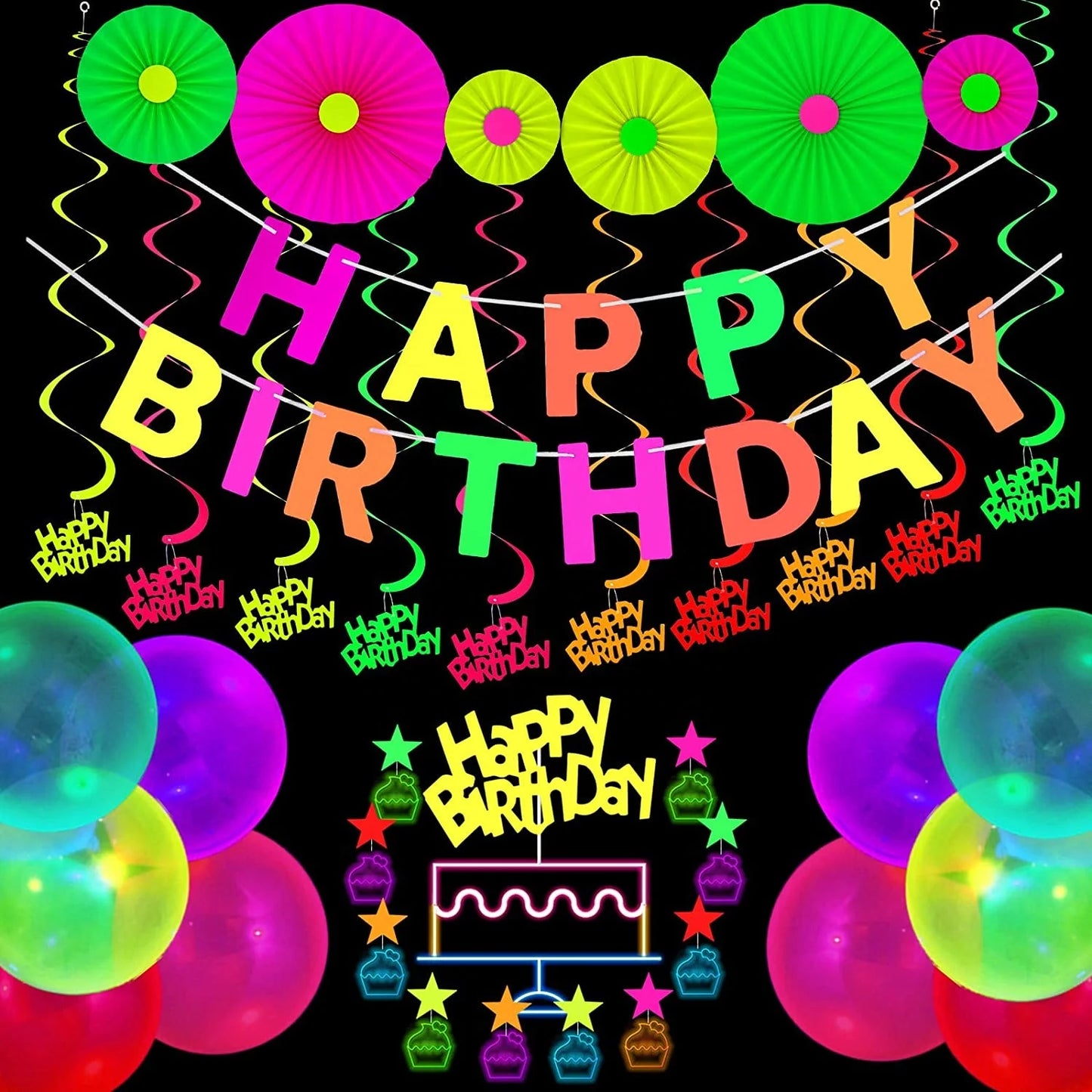 Birthday Party 2 Glow Party Supplies Neon Decoration Happy Birthday Banner Hanging Swirl Fluorescent Balloon Star Cake Top Hat Paper Glow Party