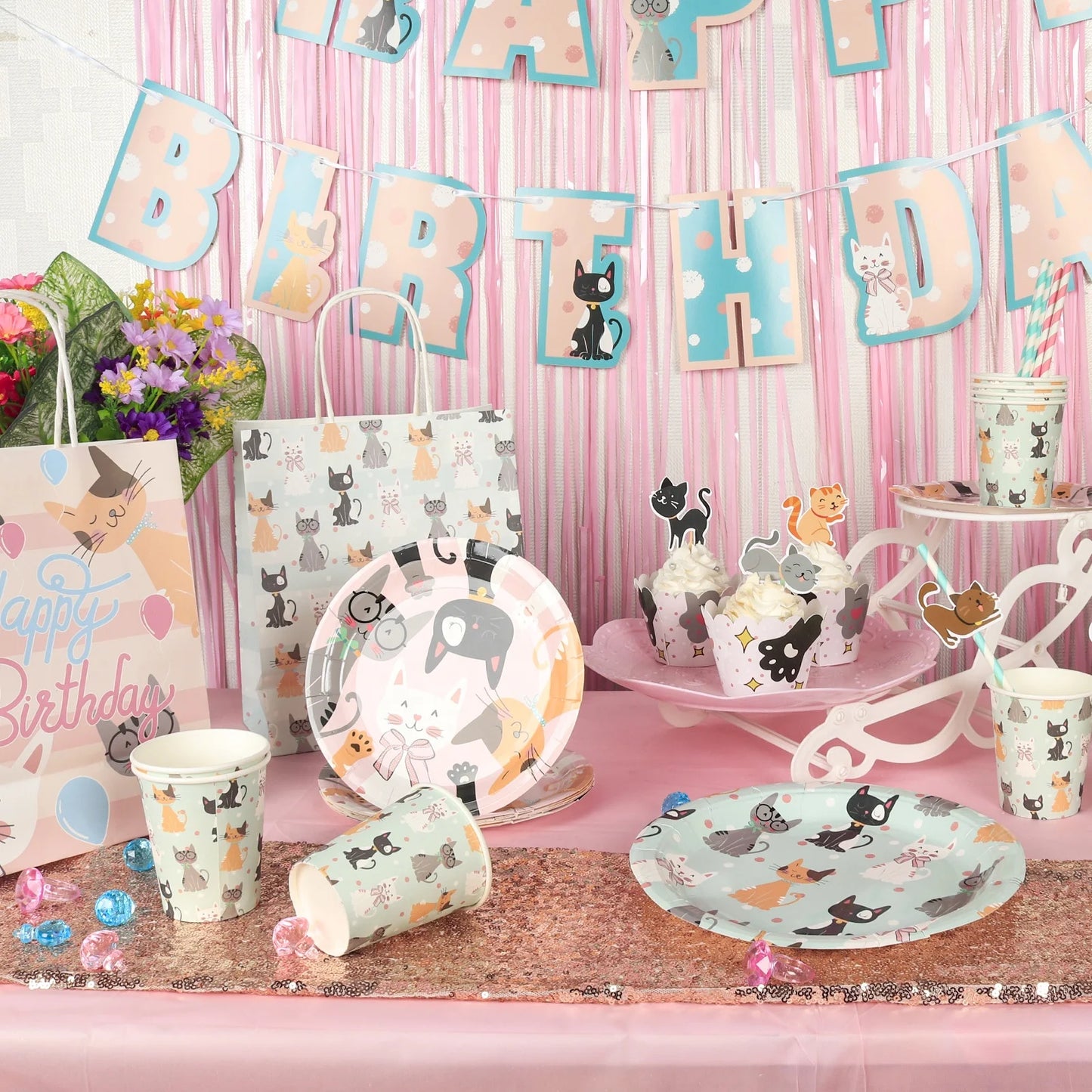 Birthday Party 2 Claw Cat Children's Theme Disposable Cutlery Party Favorite Set Cat Cake Wrapping Paper Children's Birthday Party Decoration Cake Top