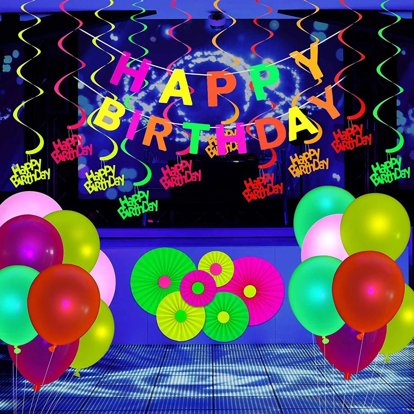 Birthday Party 2 Glow Party Supplies Neon Decoration Happy Birthday Banner Hanging Swirl Fluorescent Balloon Star Cake Top Hat Paper Glow Party