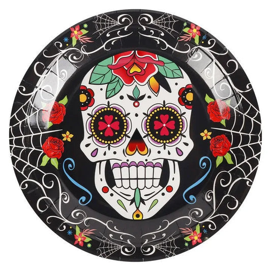 Halloween & Day of the Dead 16 Guests Multicolor Dead Candy Skull Black Charger Set Carnival Party Supplies Halloween Disposable Cutlery Set