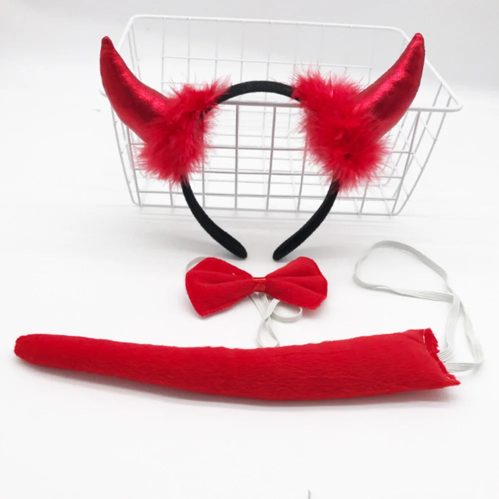 Easter and Thanksgiving 3 Devil Horn Headband Red Devil Tail Bow Tie Red Pitchfork Devil Cosplay Headband Accessories Halloween Devil Costume Set