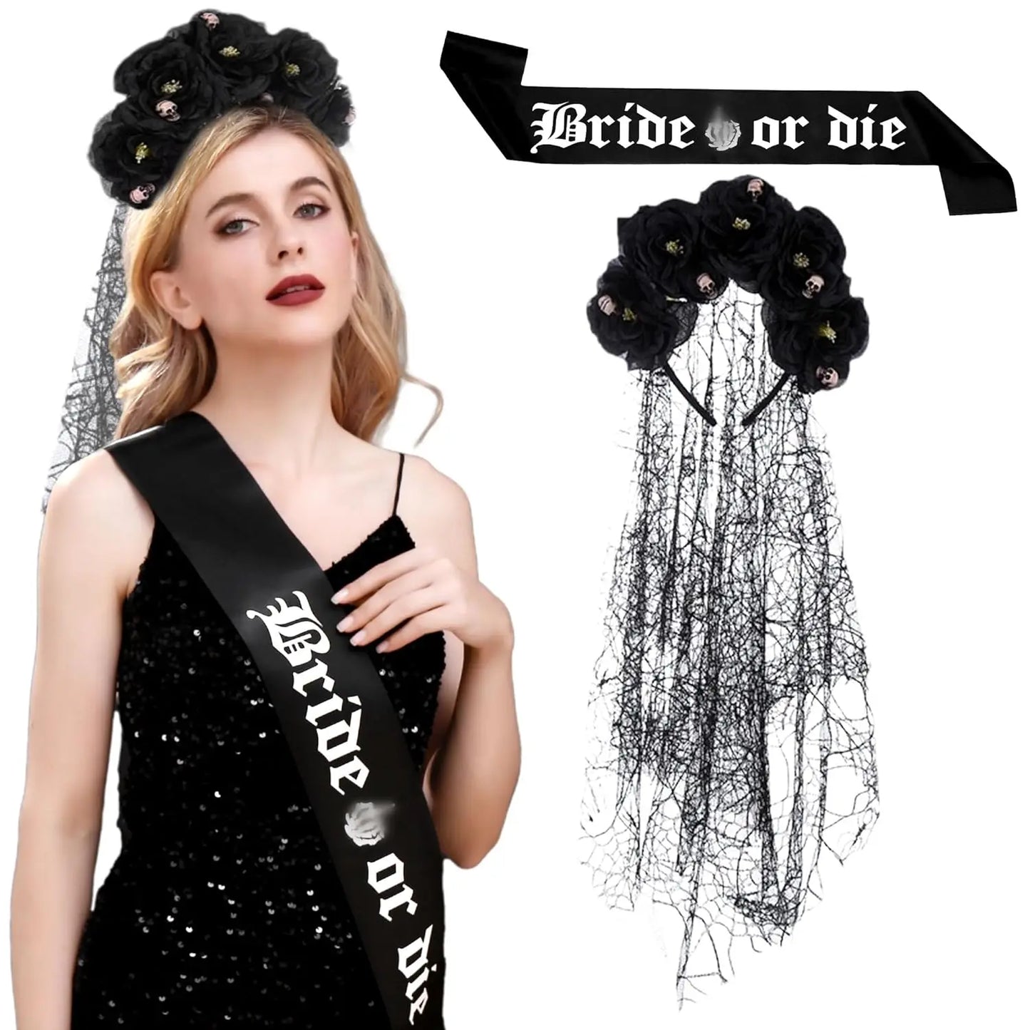 Bachelorette Party 1 Pafu 3pcs Black Bridal or Death Veil Belt Bachelorette Party Ornaments Gothic Rose Headband Bridal Shower Crystal Crown