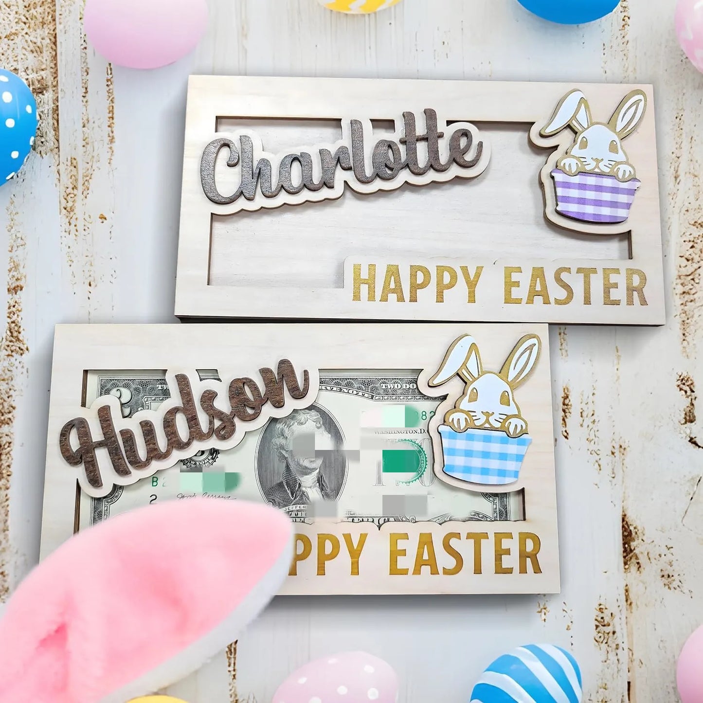 Easter and Thanksgiving 3 Personalized Wooden Money Rabbit Holder Easter Basket Stuffed Gift Teen Rabbit Basket Easter Name Tag Easter Wallet