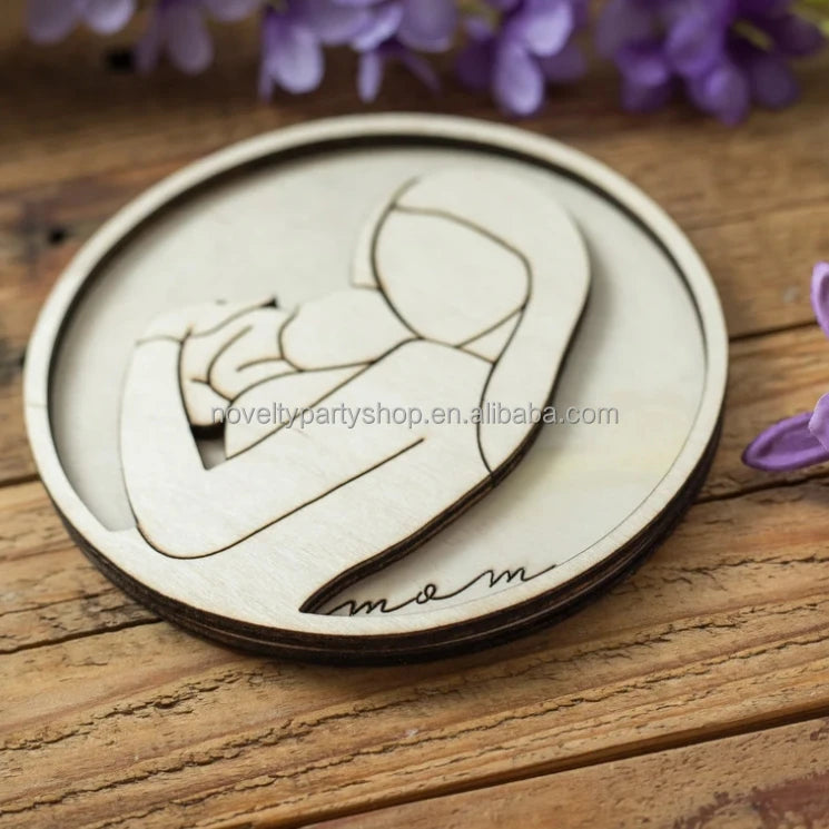 Novelty custom wood laser cutting engraving round gift mom 3D line art