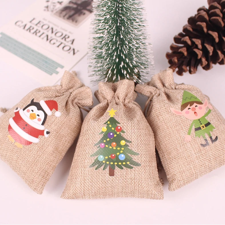 10 * 14Cm 6pcs/set custom Christmas burlap gift bag pull rope candy wrapping paper Christmas party supplies Christmas pull rope gift bag 