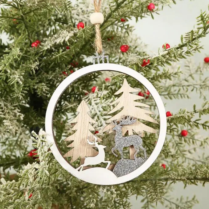 Personalized Design Round Plywood Christmas Day Souvenir Decoration Hollow Elk Kim Cong Powder Christmas Tree Pendant
