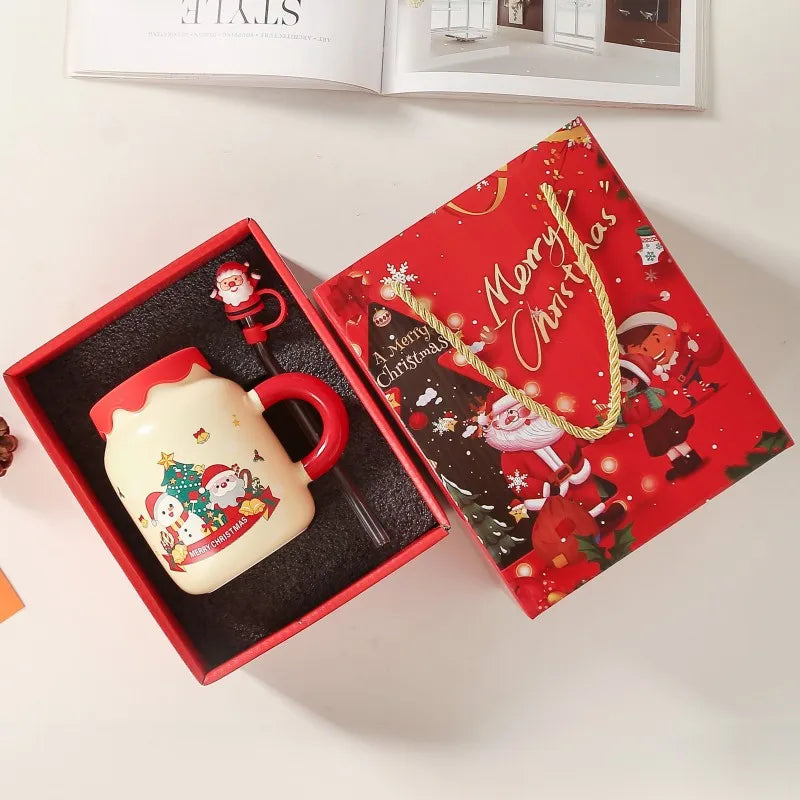 Coffee Cup 2025 New Christmas Coffee Cup and Straw Gift Box Set Wedding Christmas Gift Cute Ceramic Santa Coffee Cup