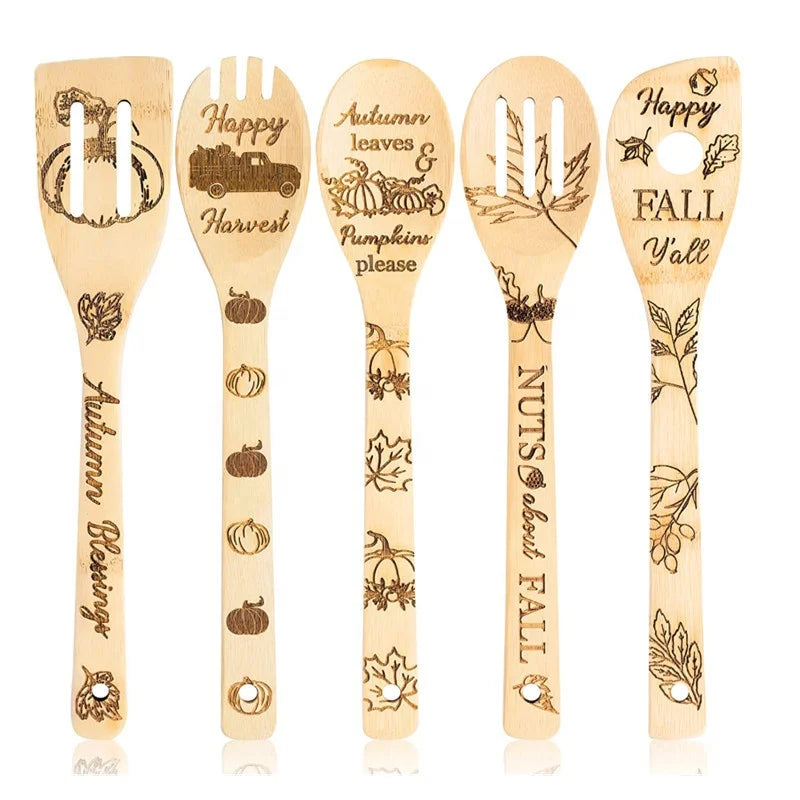 OEM 5pck Bamboo Utensil Set Pattern Burned Spoons Kitchen Slotted Spoon House Warming Presents Holiday Gift