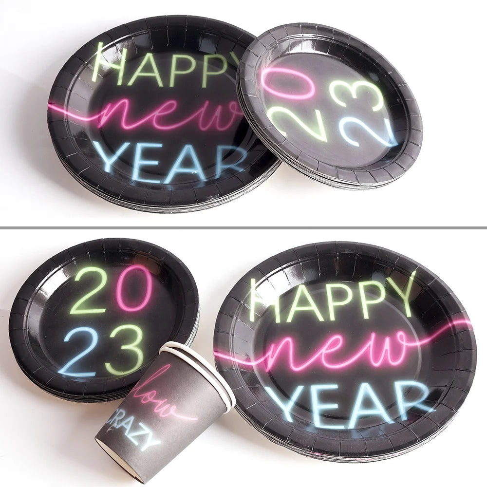 New Year's Eve, happy party supplies, neon birthday party tableware set, the delivery will automatically adjust the latest number of years.