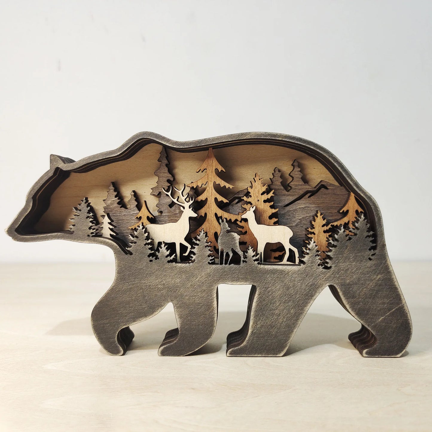 Wooden Crafts, Wooden Ornaments Crafts Creative Forest Animals Home Decoration Brown Bear Ornaments Wood carving Wall Decoration