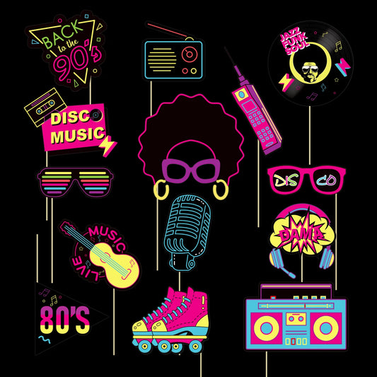 Back to the 80s 90s Vintage Themed Party Decoration Vintage Birthday Party 14pcs Neon Hip Hop Rock Photography Booth Props