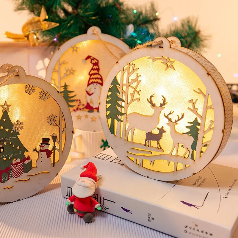 Christmas Decoration Round Lighting Old Man Snowman Elk Light Emitting Diode Wooden Christmas Tree Pendant